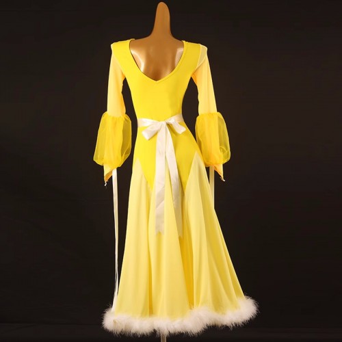 Yellow royal blue red with white feather ballroom dance dresses for girls kids waltz tango long skirts xmas party modern dance long gown for children